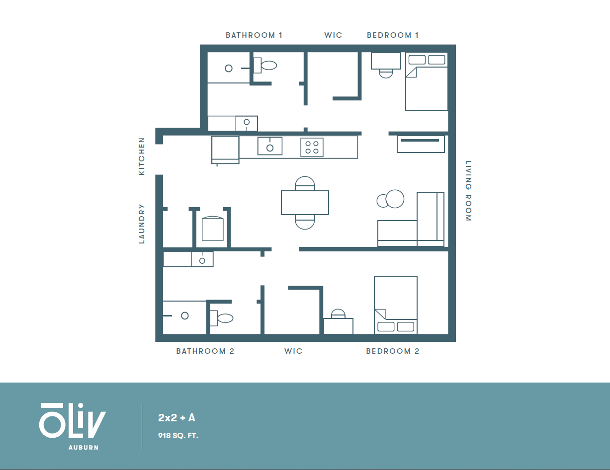 Contemporary 2D floor plan showcasing a 2 bedroom, 2 bathroom apartment with a spacious living room, modern kitchen, and convenient laundry area. Total area is 918 sq ft at Oliv Auburn.