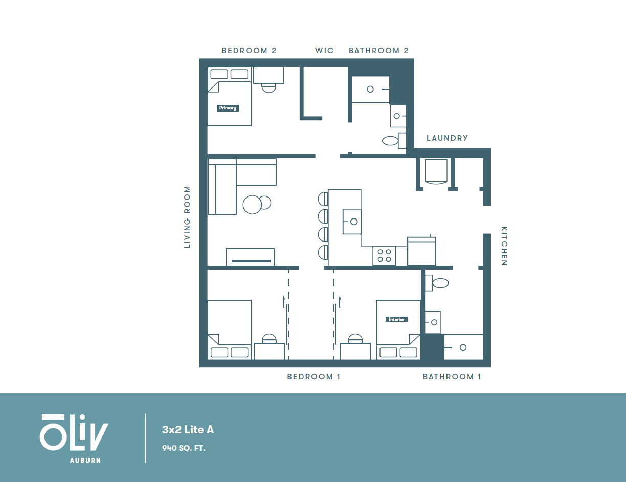 Inviting floor plan showcasing 940 sq ft with 3 cozy bedrooms, 2 modern bathrooms, a spacious open kitchen, and a welcoming living area.