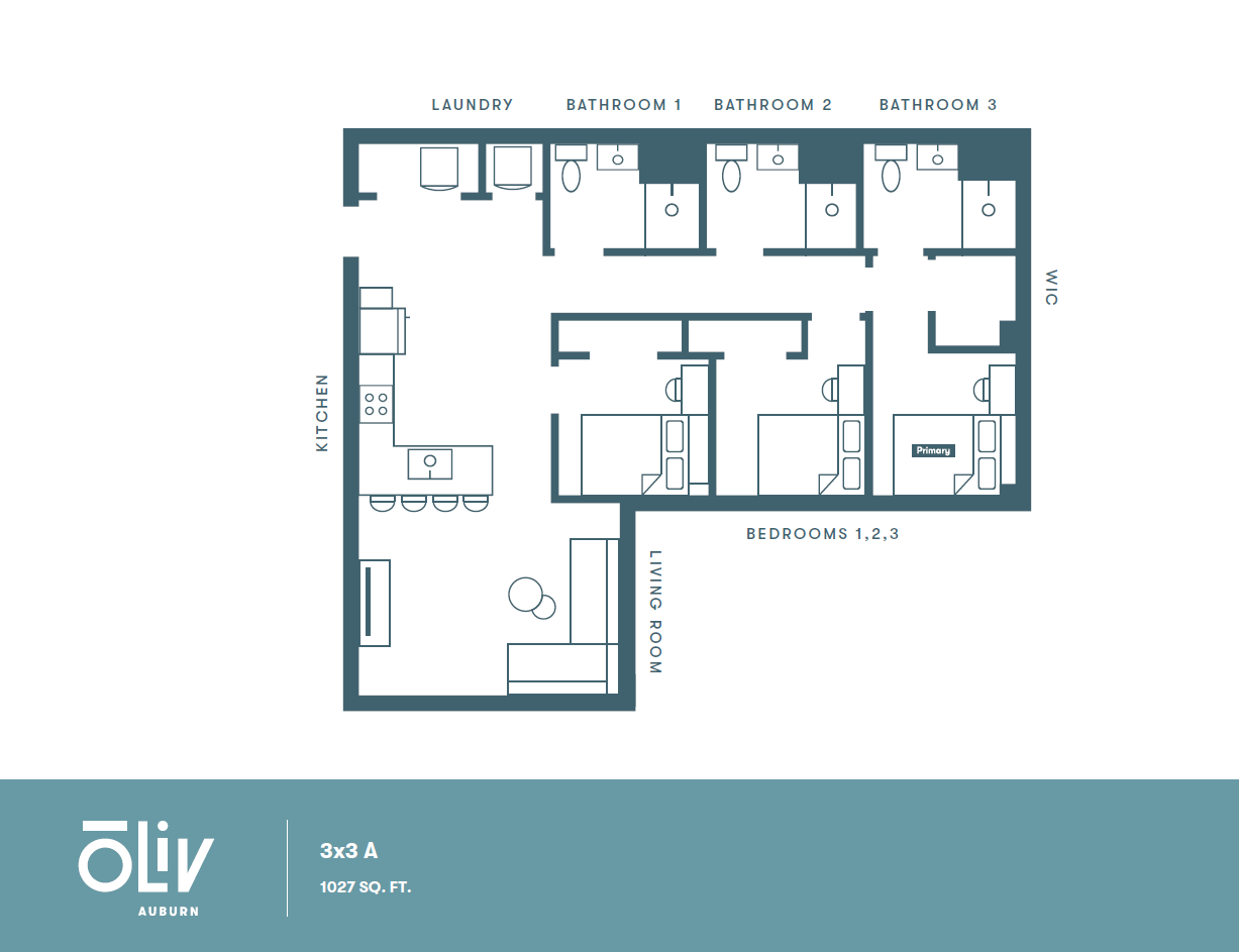 Spacious 3-bedroom apartment floor plan with open living area, modern kitchen, and 3 bathrooms, totaling 1027 sq. ft.