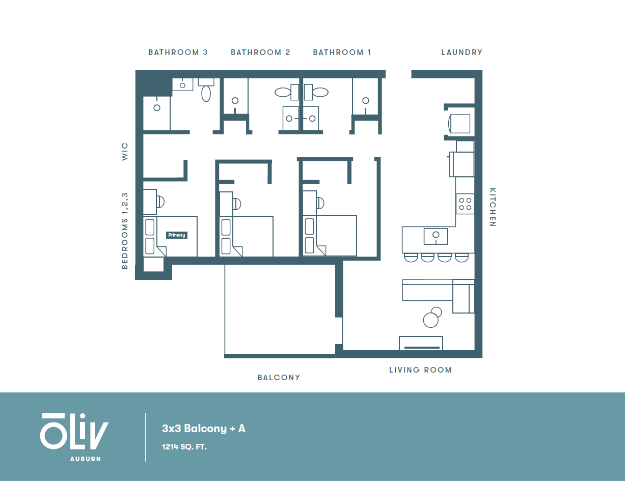 Modern 3-bedroom floor plan with spacious living room, balcony, and open kitchen layout, ideal for comfortable living.