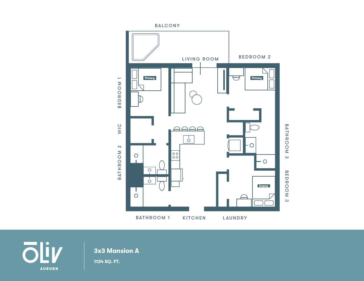 Modern floor plan for 3x3 Mansion A featuring 3 bedrooms, 3 bathrooms, a spacious living room, kitchen, and laundry, complete with balcony access, 1134 sq ft.