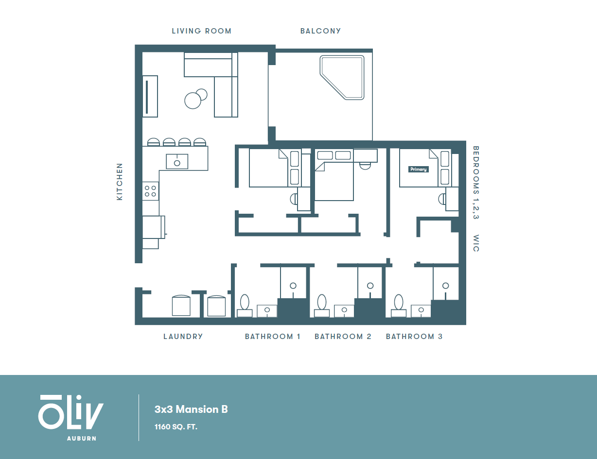 Chic 3x3 Mansion B floor plan with three spacious bedrooms, modern kitchen, and inviting living room, featuring a balcony and efficient laundry area, 1160 sq. ft.