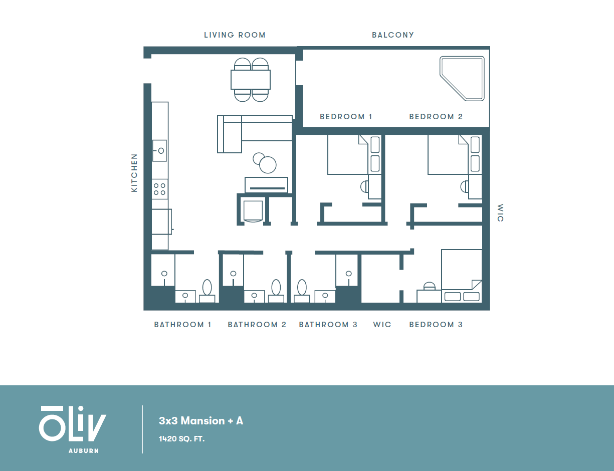 Chic 3x3 mansion floor plan showcasing three bedrooms, a spacious living room with balcony, modern kitchen, and three bathrooms, offering 1420 sq. ft. of luxurious living space.