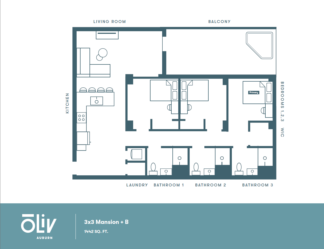 Oliv Auburn 3x3 Mansion B floor plan showcasing 3 bedrooms, spacious living room, gourmet kitchen, and private balcony in 1442 sq ft.