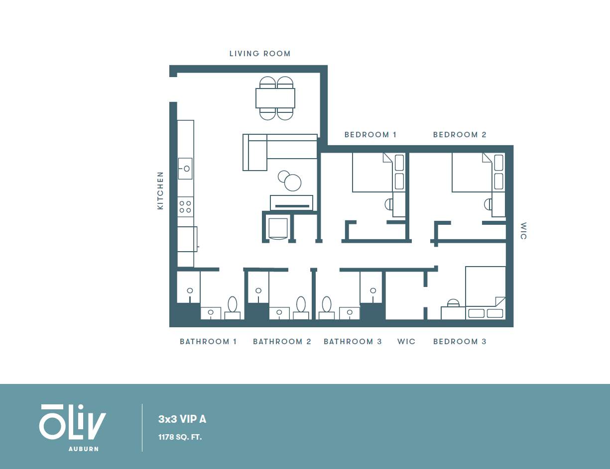 Modern 3x3 VIP A floor plan featuring three spacious bedrooms, a stylish open-concept living room and kitchen, three bathrooms, and a walk-in closet, covering 1178 sq. ft. at Oliv Auburn.