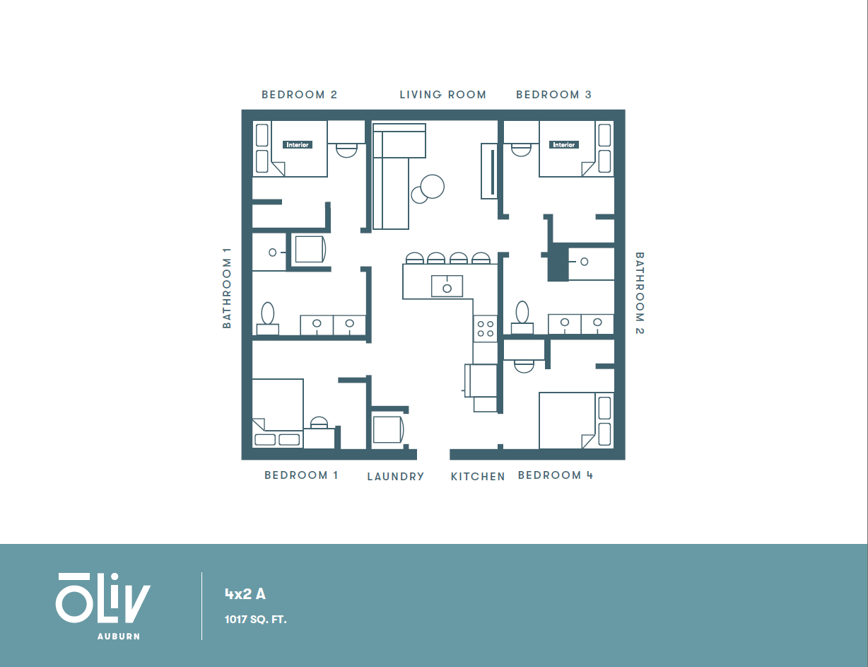 Modern 4-bedroom floor plan at Oliv Auburn, featuring spacious living areas, 2 bathrooms, a well-equipped kitchen, and dedicated laundry space in 1017 sq ft.