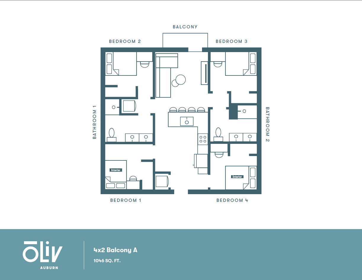 Modern Oliv Auburn floor plan showcasing 4 bedrooms, 2 bathrooms, a stylish kitchen, and a welcoming balcony in 1046 sq. ft.