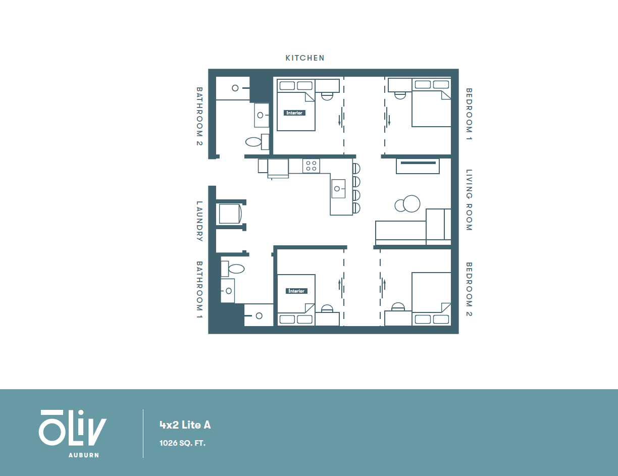 Modern floor plan of a 1026 sq ft apartment featuring 4 bedrooms, 2 bathrooms, an open kitchen, and a spacious living room, designed for comfort and style. Includes a convenient laundry room.