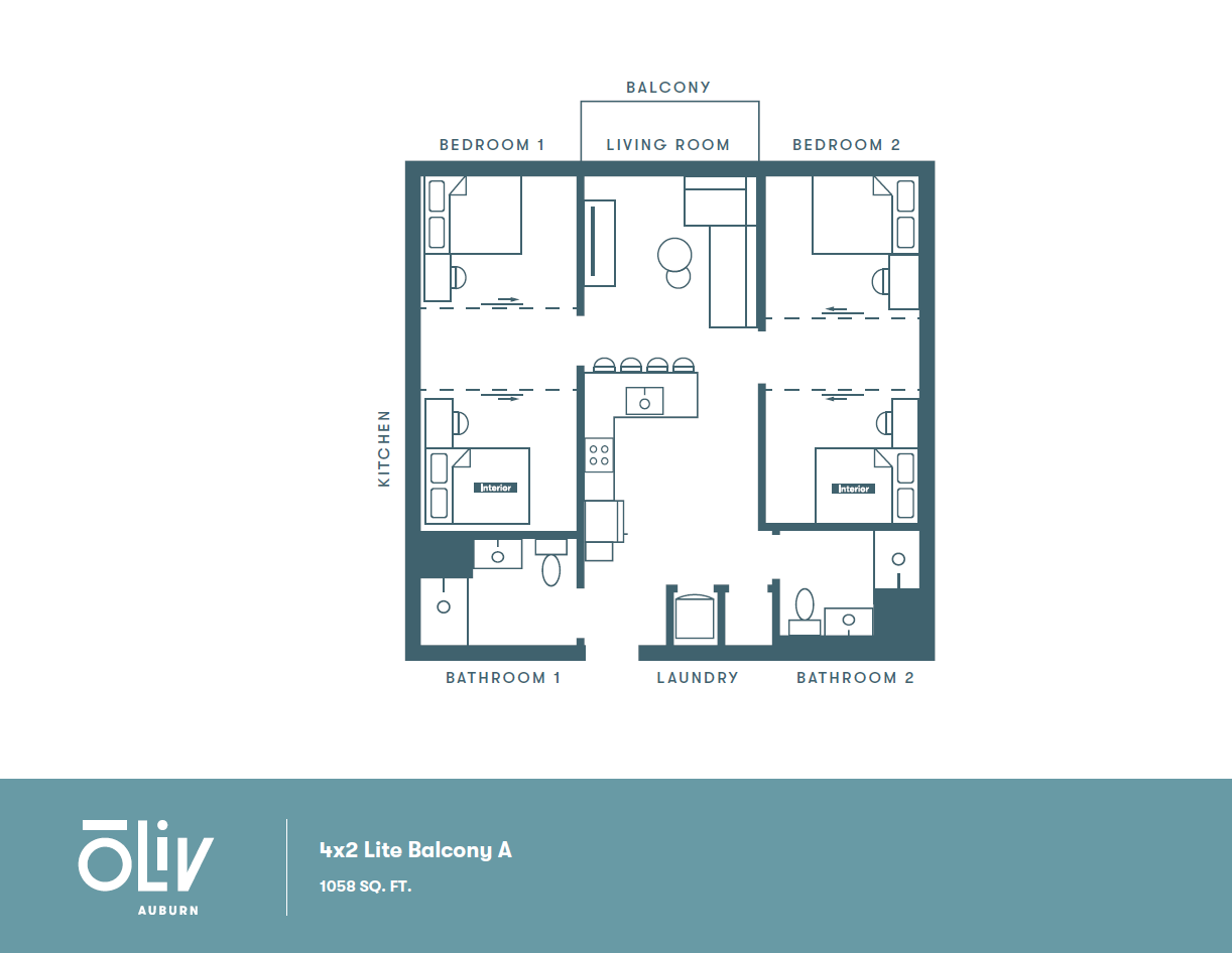 Modern 4x2 floor plan featuring two bedrooms, a spacious living room, kitchen, two bathrooms, and a balcony, totaling 1058 sq. ft.