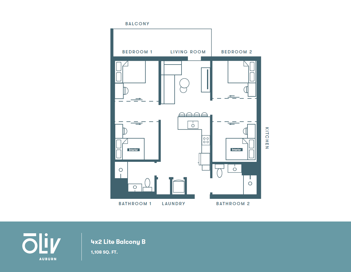 Elegant floor plan featuring 2 bedrooms with modern balcony access, open living room, and sleek kitchen. Includes 2 bathrooms and laundry area, spanning 1,108 sq. ft.