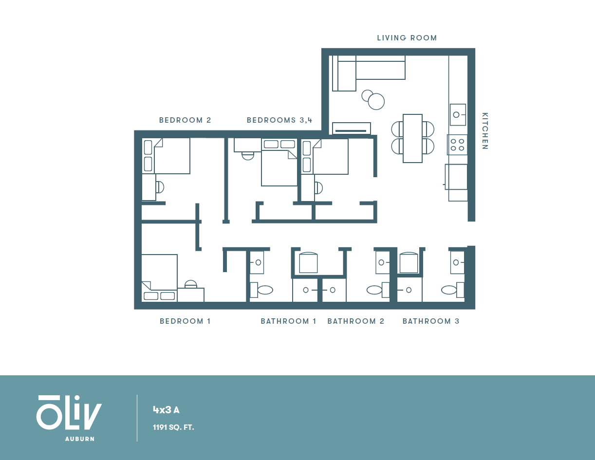 Modern 4x3 A floor plan featuring four bedrooms, three bathrooms, a spacious living room, and a well-equipped kitchen in 1191 sq. ft.
