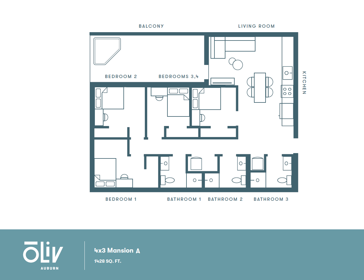 Modern 4x3 Mansion A floor plan with 4 bedrooms, spacious living room, and well-equipped kitchen, 1428 sq ft, featuring a balcony.