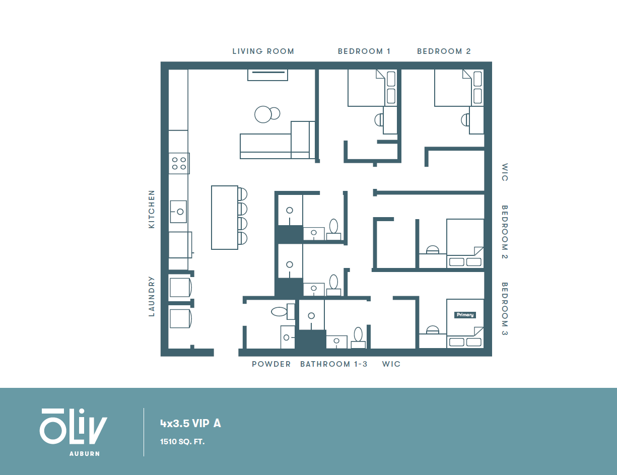 Elegant 4-bedroom floor plan featuring a spacious living area, modern kitchen, and multiple bathrooms, spanning 1510 sq ft.