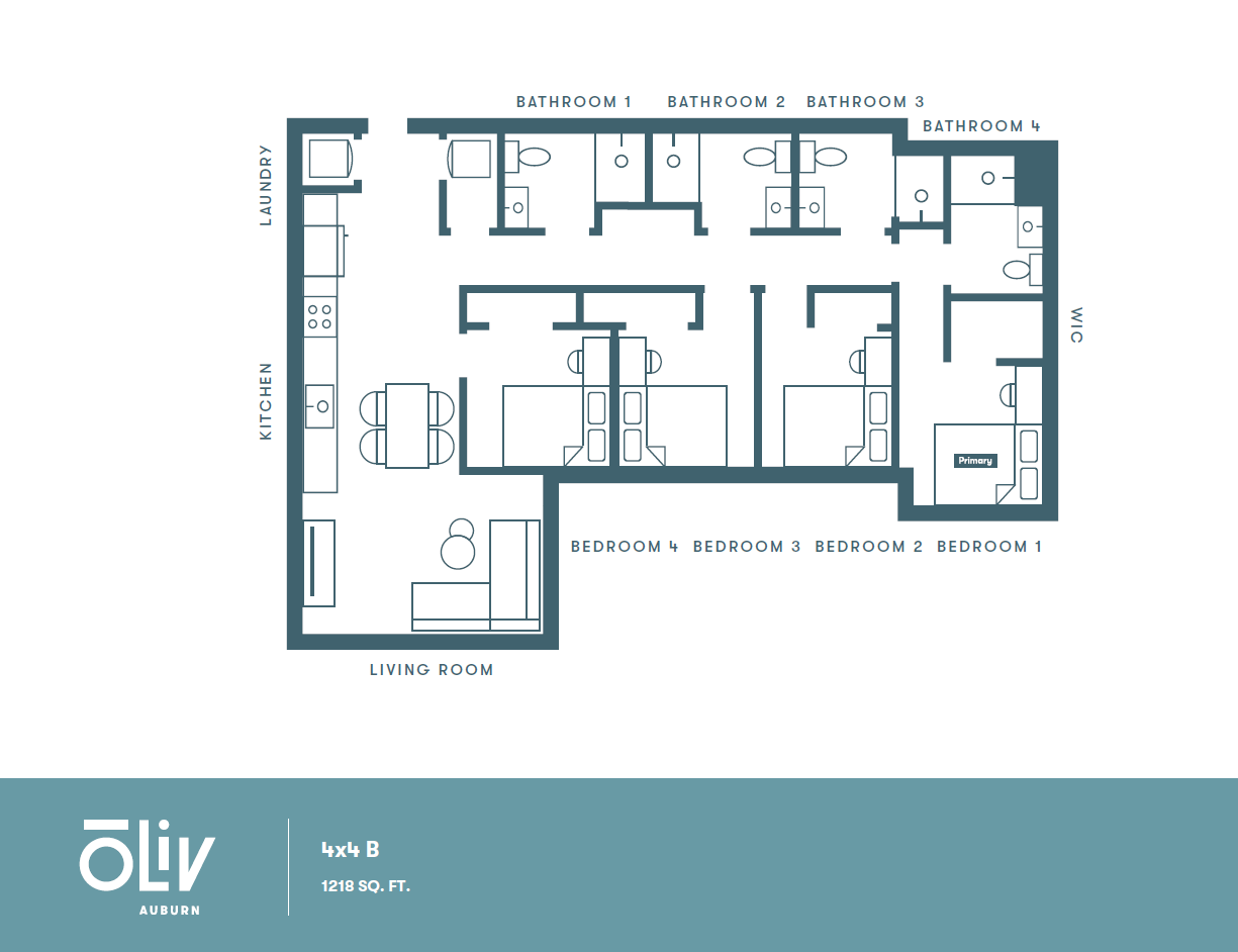 Modern floor plan for Oliv Auburn 4x4 B showing 4 bedrooms, 4 bathrooms, open-concept kitchen and living area, in 1218 sq ft.