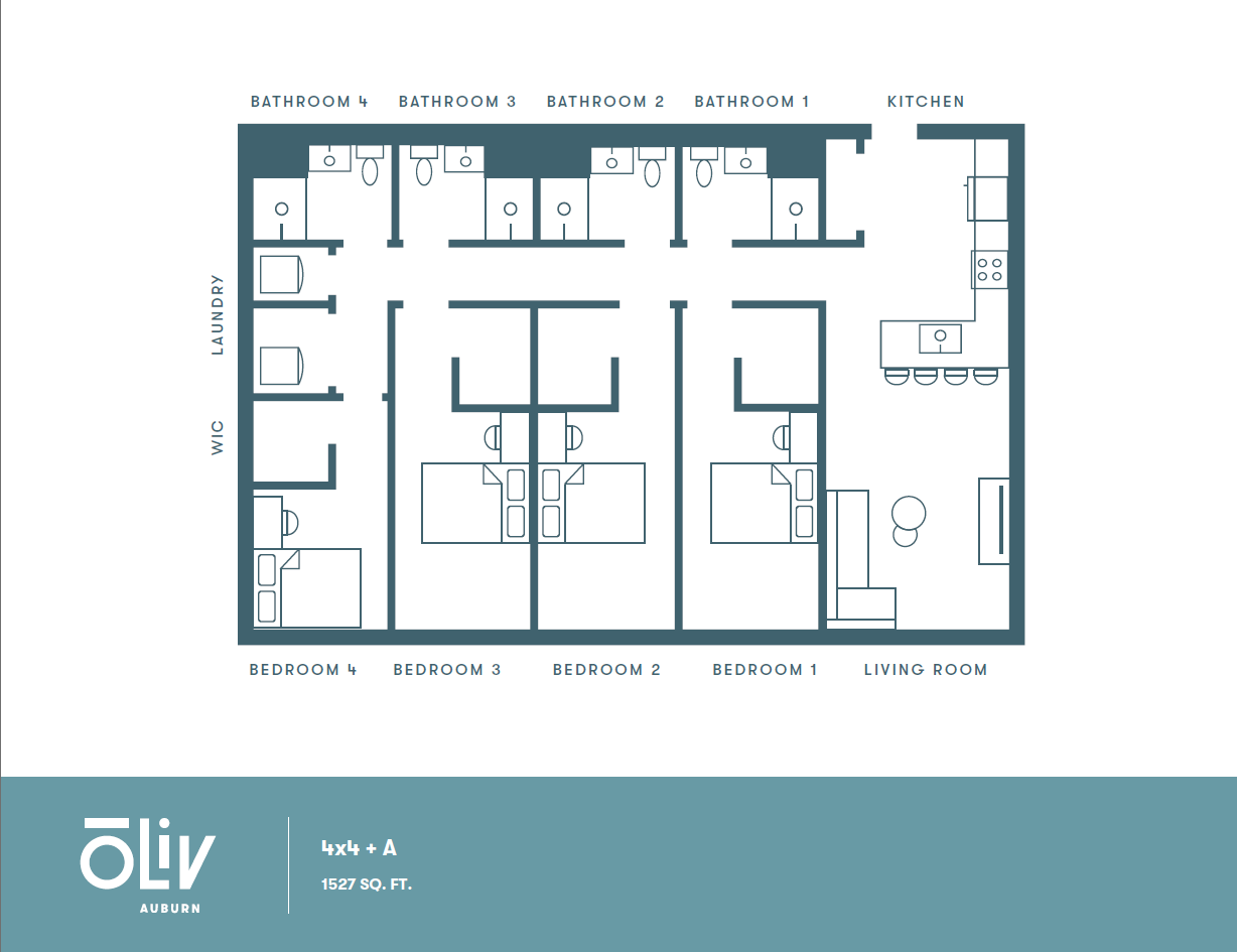 Modern 4-bedroom floor plan with 4 bathrooms, a spacious kitchen, and inviting living area, totaling 1527 sq. ft., ideal for comfortable living.