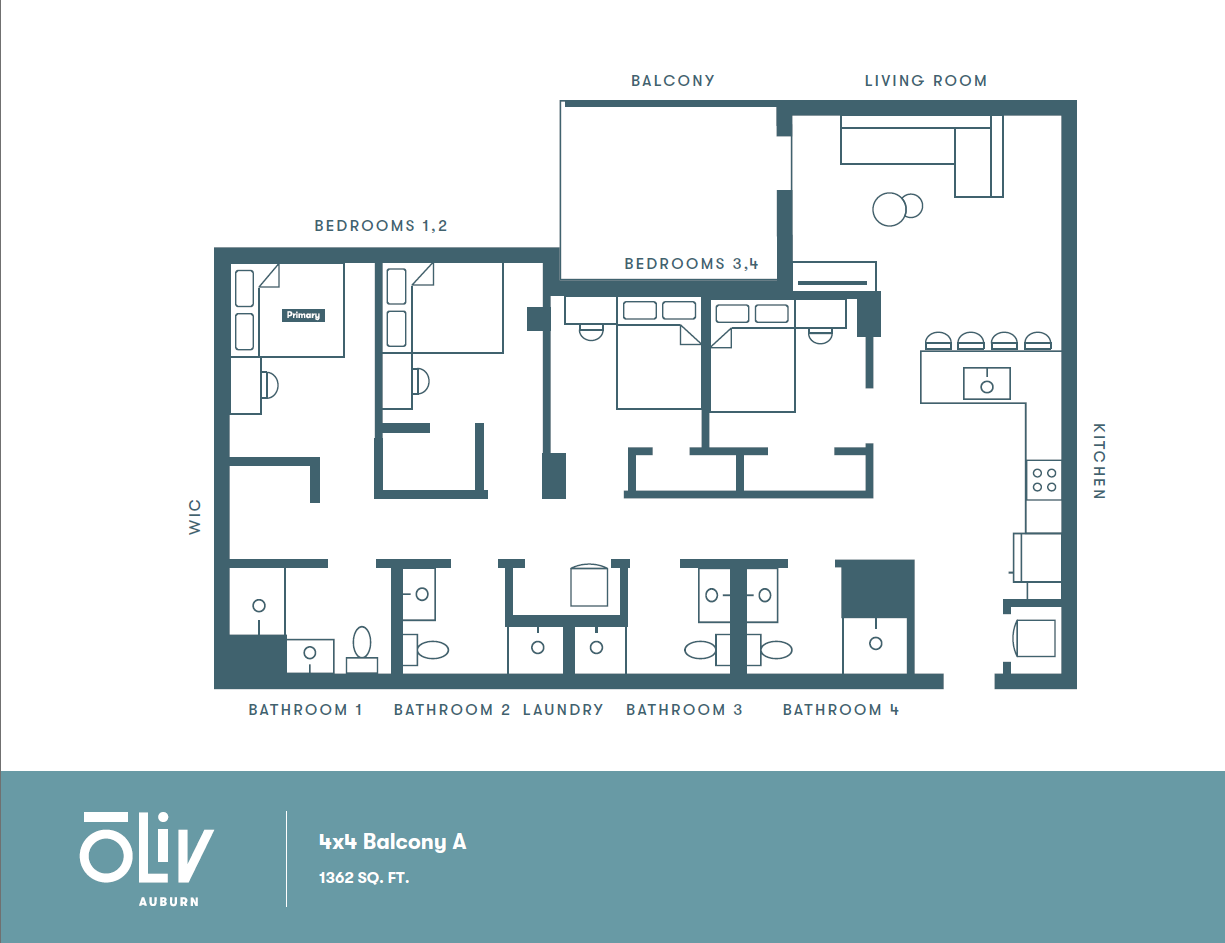 Modern floor plan of 4x4 Balcony A showcasing four bedrooms, spacious living area, kitchen, and balcony, covering 1362 sq. ft. at Oliv Auburn.