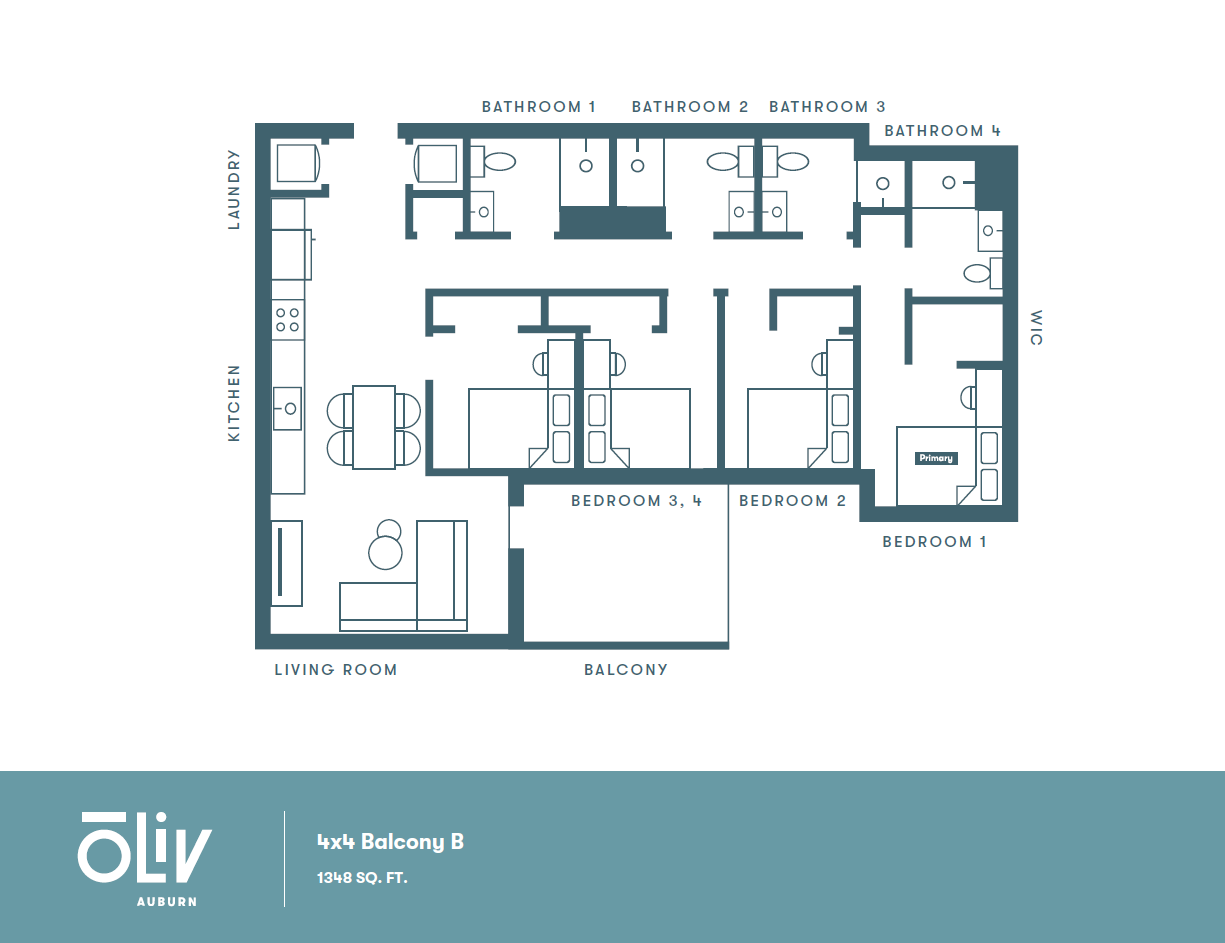 Modern 4x4 Balcony B floor plan showcasing four bedrooms, four bathrooms, an open kitchen, spacious living area, and private balcony, totaling 1348 sq. ft.