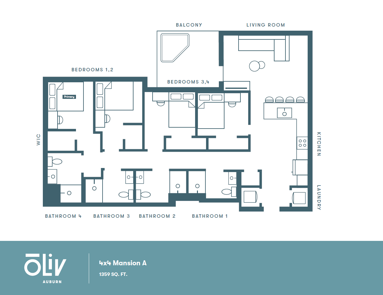 Inviting 4x4 Mansion A floor plan with 4 bedrooms, open living room, balcony, modern kitchen, and 4 bathrooms in 1359 sq. ft.