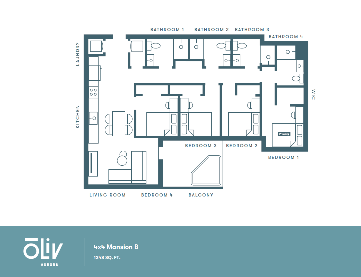 Elegant floor plan of a 4-bedroom, 4-bathroom suite with a balcony, spacious living room, and modern kitchen at Oliv Auburn, 1348 sq. ft.