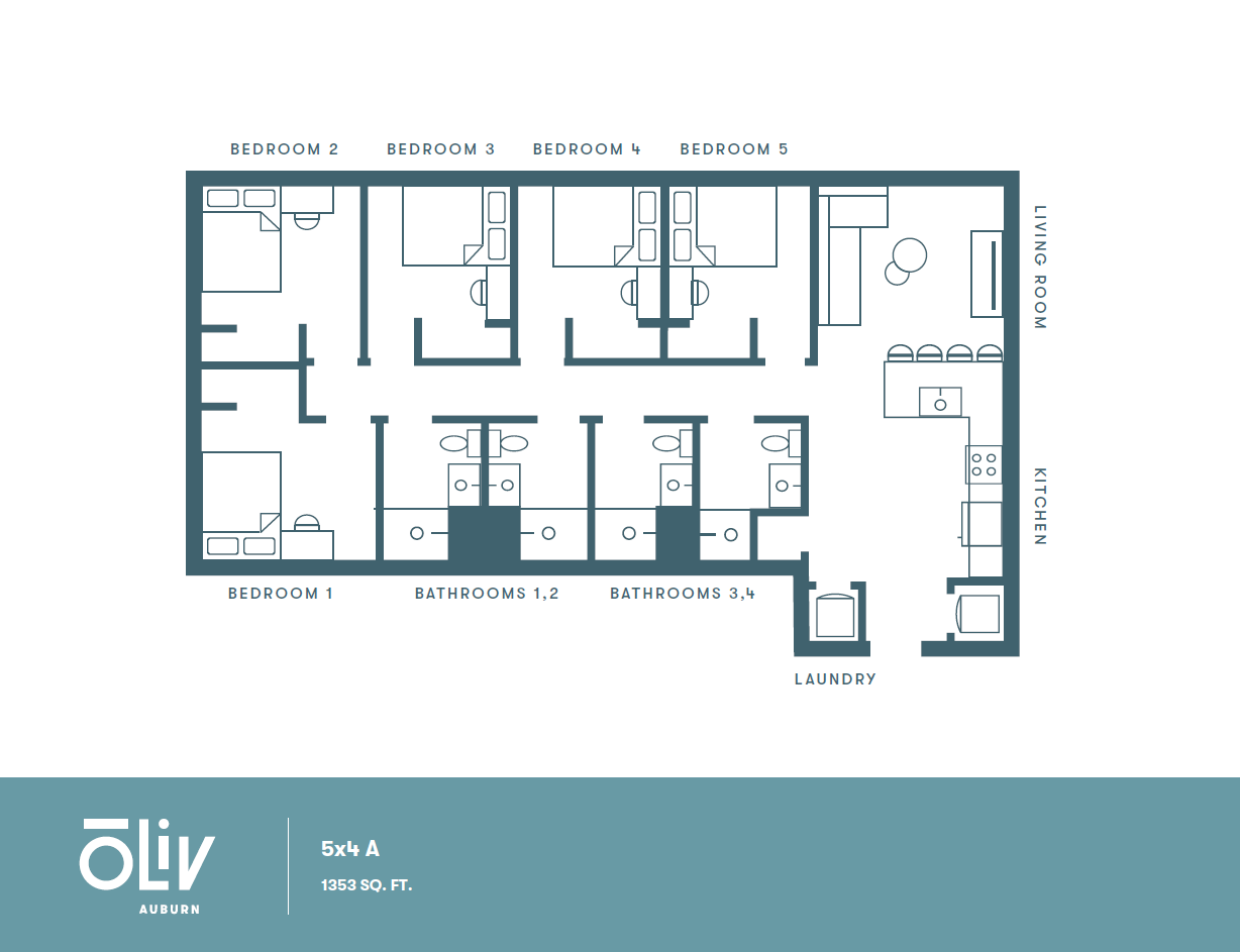 Oliv Auburn 5x4 A floor plan with 5 bedrooms, 4 bathrooms, spacious living room, modern kitchen, and functional laundry area, covering 1353 sq. ft.