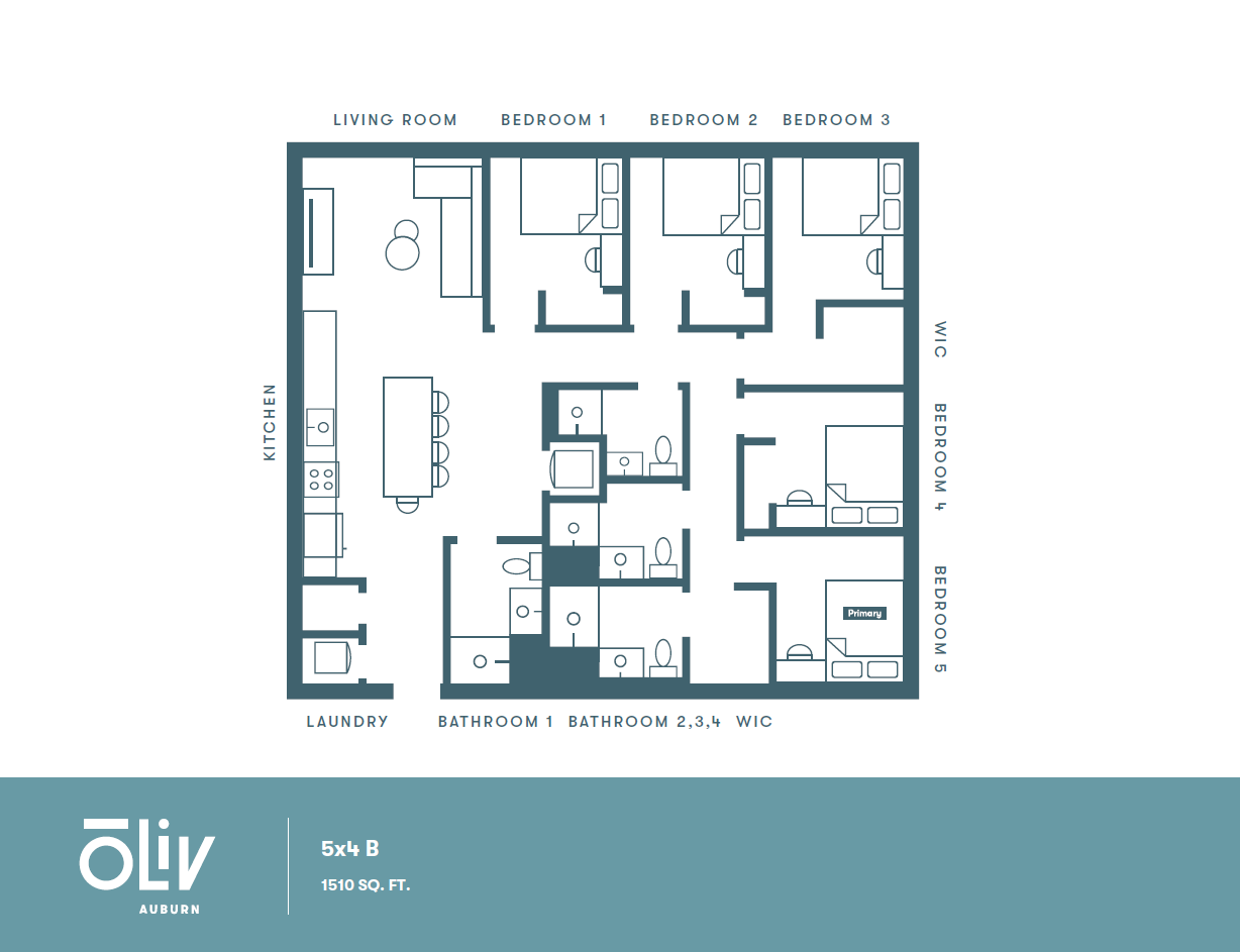 Modern 5-bedroom floor plan featuring open-concept kitchen and living room, with spacious bathrooms and walk-in closets, spanning 1510 sq. ft.