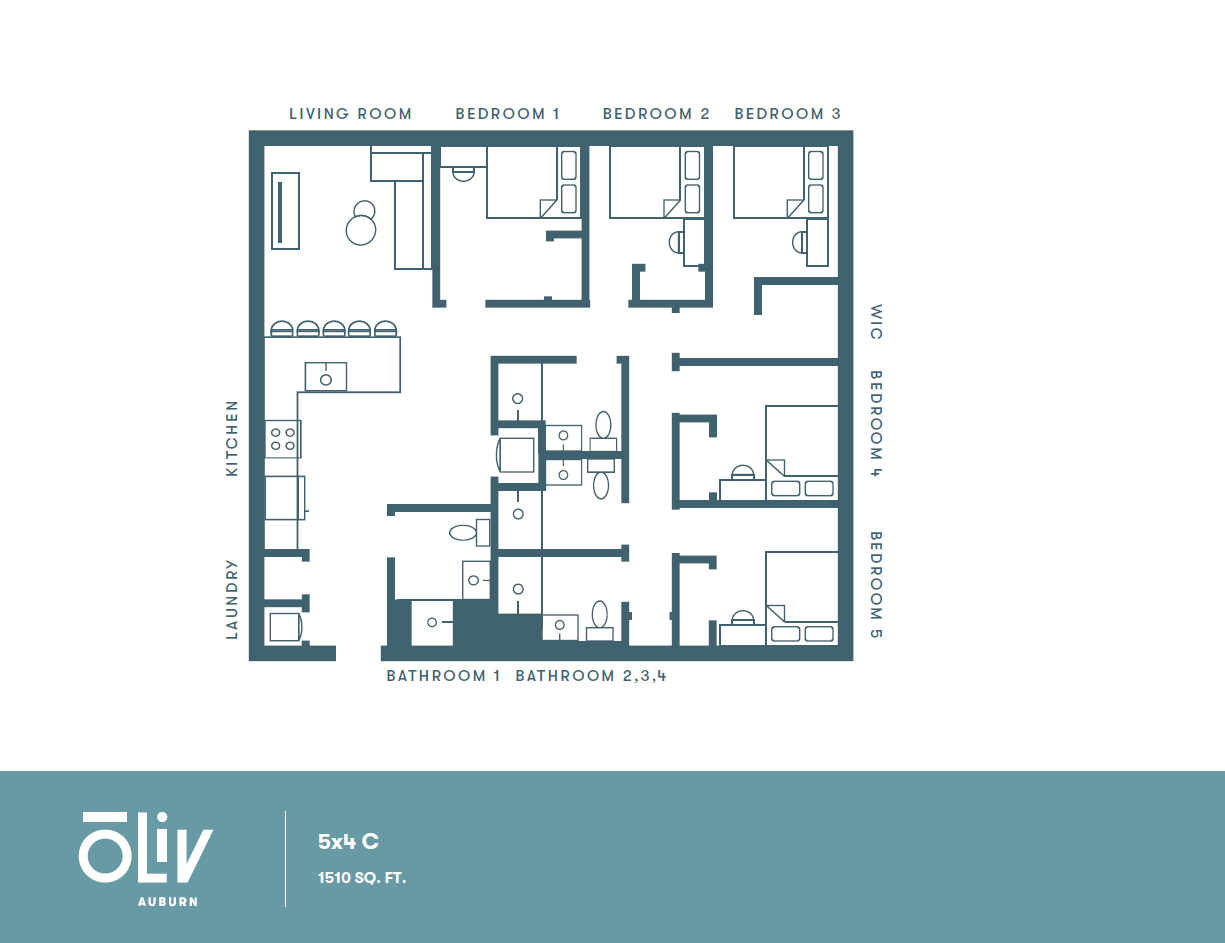 Spacious floor plan showcasing 5 bedrooms, 4 bathrooms, open living room, and modern kitchen in a 1510 sq ft apartment.