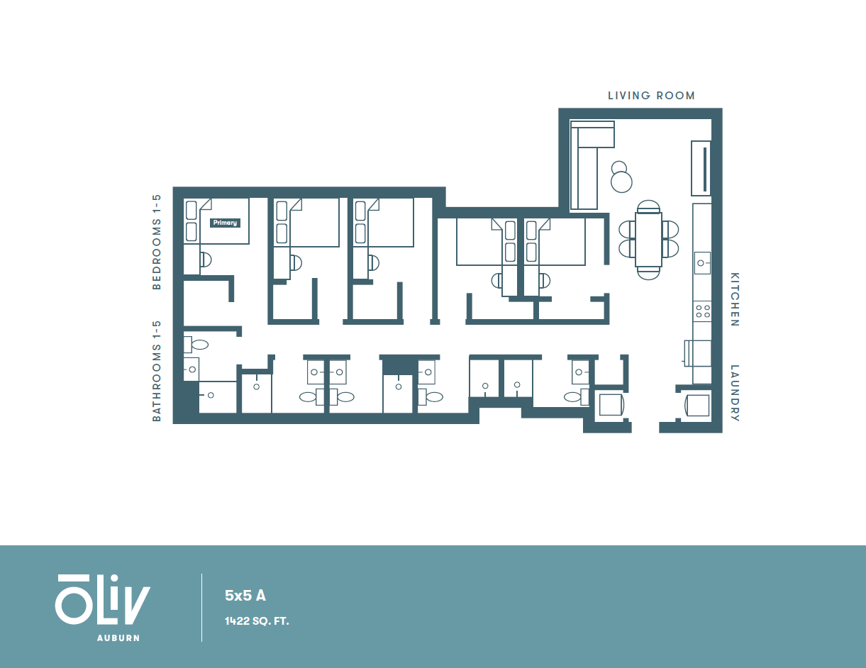 Modern floor plan of Oliv Auburn showcasing a 5-bedroom layout, 5 bathrooms, and an open living area with kitchen, spanning 1422 sq. ft.