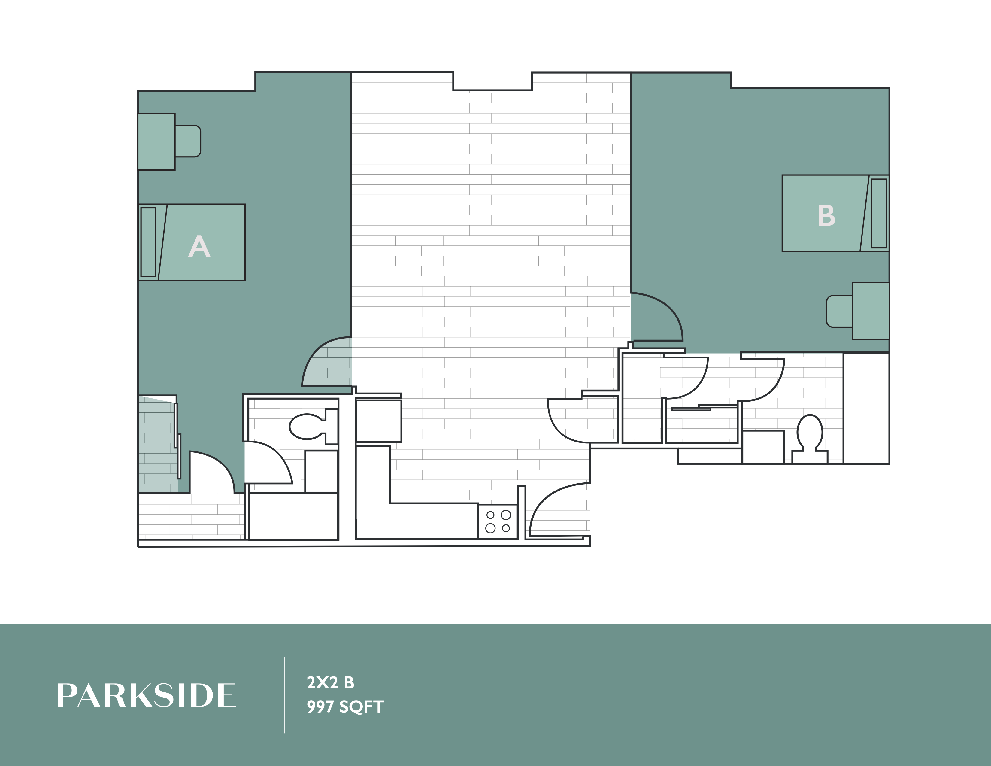 Parkside 2D floor plan featuring 2 bedrooms, 2 bathrooms, a modern kitchen, and a spacious living area, covering 997 sq ft.