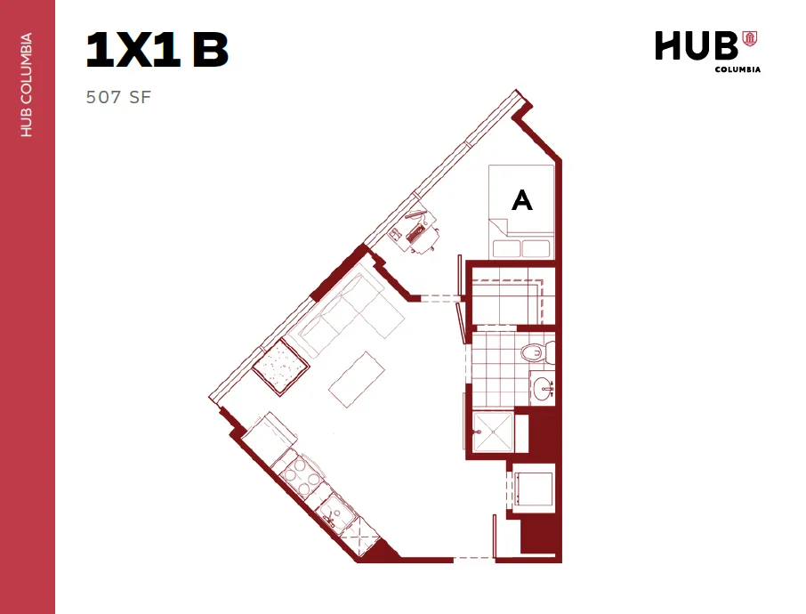 Contemporary 1-bedroom apartment floor plan at Hub Columbia, featuring a cozy living area and efficient kitchen within 507 square feet.
