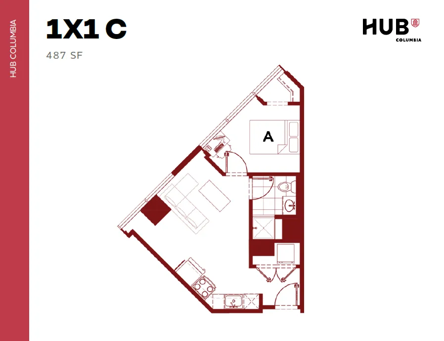 Modern floor plan at HUB Columbia with 1 bedroom, open living space, and efficient kitchen layout, 487 square feet.