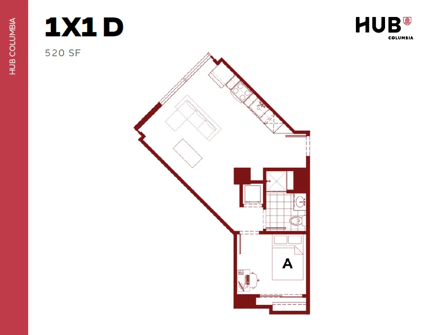 Modern 1 bedroom floor plan with open-concept living room and kitchen in a 520 sq ft space, Hub Columbia.