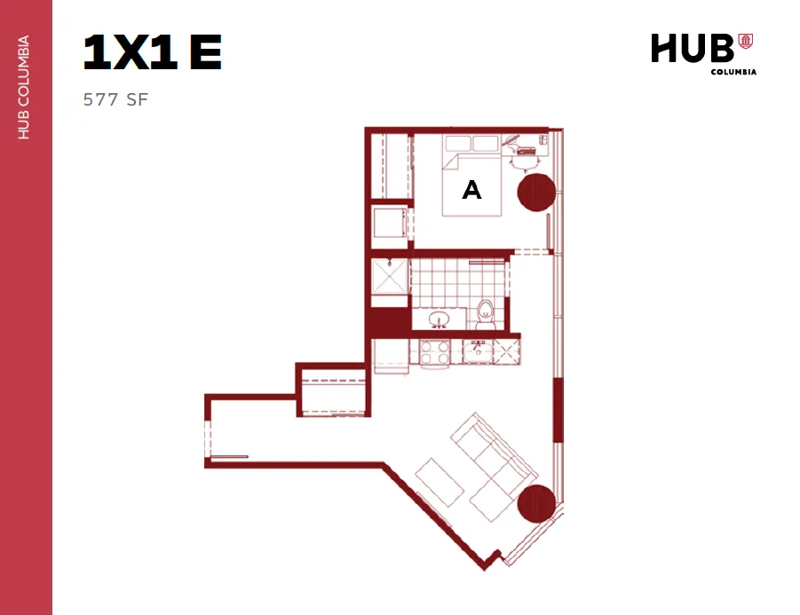 Modern 1-bedroom floor plan with a stylish open-concept kitchen and living area, 577 sq ft layout perfect for urban living at HUB Columbia.