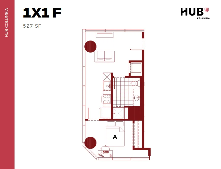 Modern 1x1F floor plan at HUB Columbia featuring 527 sq ft with a cozy living room, sleek kitchen, comfortable bedroom, and well-appointed bathroom.