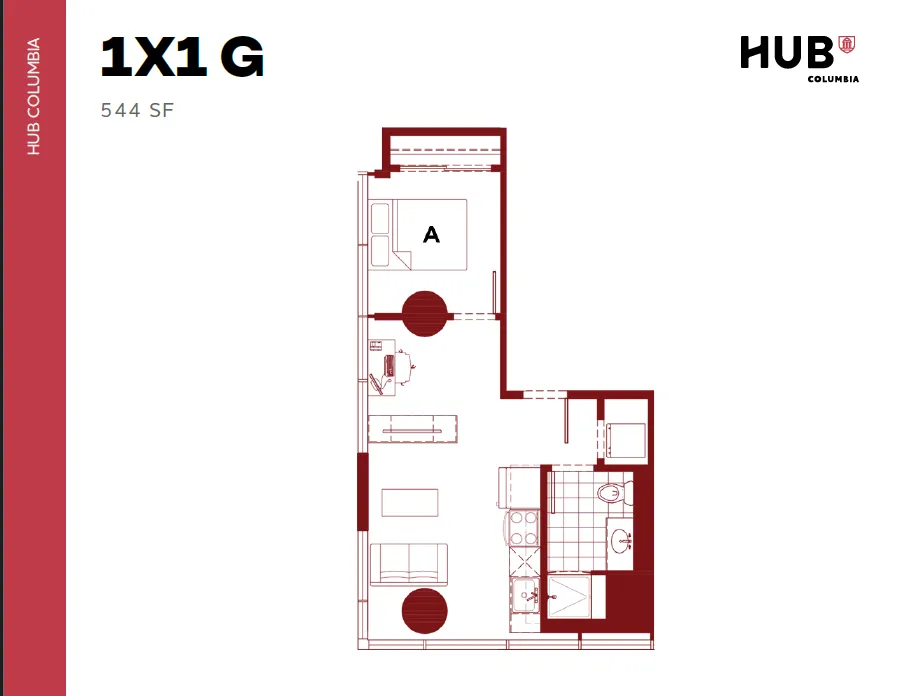 Modern 1X1 G floor plan at HUB Columbia featuring a sleek 544 sq ft layout with a cozy bedroom, open living space, and functional kitchen.