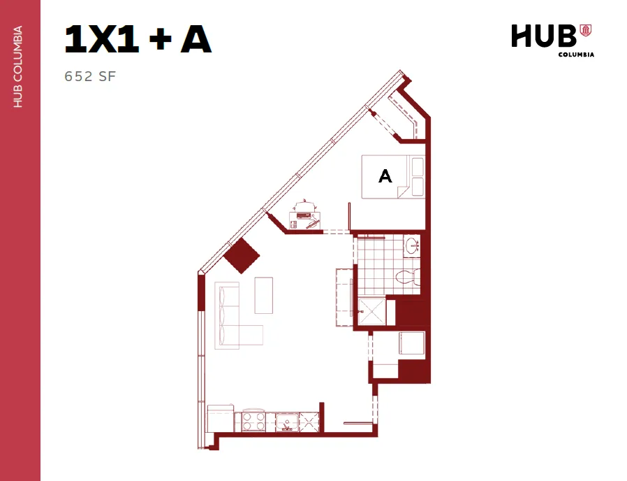 Efficient 1 bedroom layout in the Hub Columbia, featuring 652 sq ft with a cozy living area, modern kitchen, and sleek bathroom design.