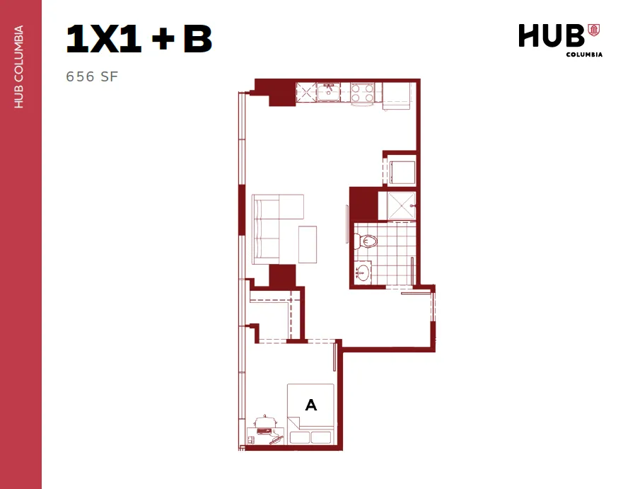 Chic floor plan of HUB Columbia showcasing 1 bedroom, stylish living area, and modern kitchen in a 656 sq ft layout.
