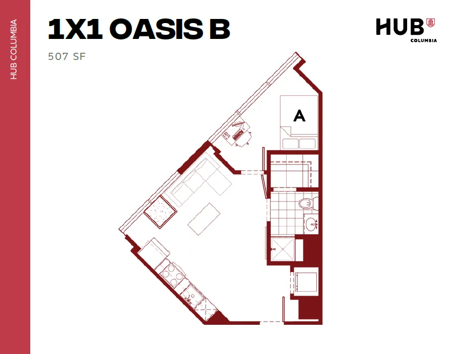 Modern 1X1 Oasis B floor plan with efficient layout featuring one bedroom, a cozy living area, and a compact kitchen, totaling 507 sq ft at HUB Columbia.