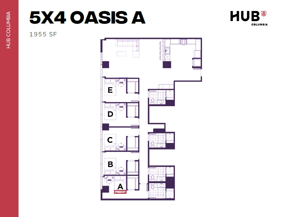 Modern and spacious 5-bedroom floor plan, Oasis A at Hub Columbia, featuring 1955 square feet of sleek living space, perfect for a vibrant lifestyle.