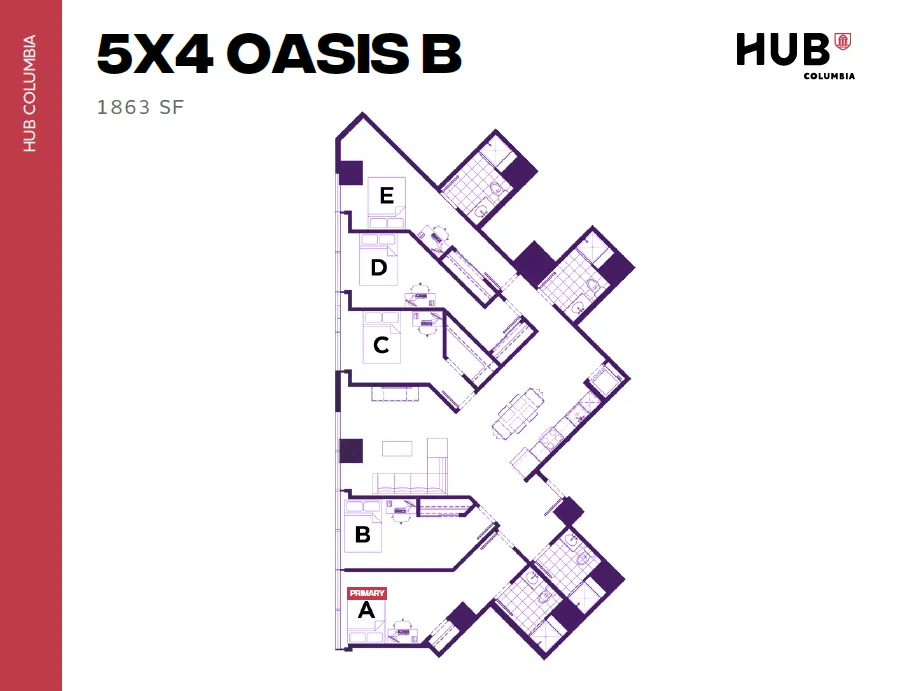 Expansive 5-bedroom floor plan of Oasis B at HUB Columbia, 1863 sq ft, featuring a spacious living area and modern amenities.