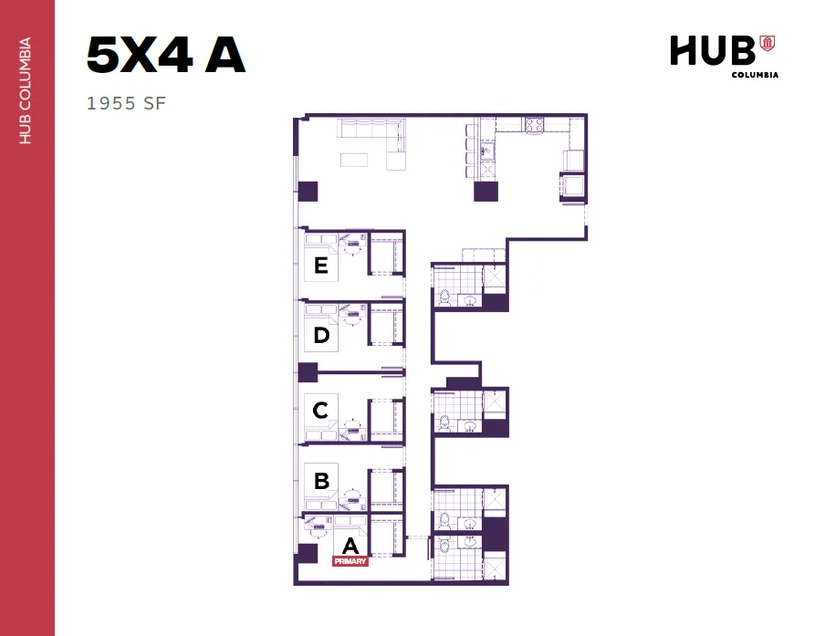 Expansive 5-bedroom, 4-bathroom floor plan with modern kitchen and generous living spaces at HUB Columbia, 1955 sq ft.