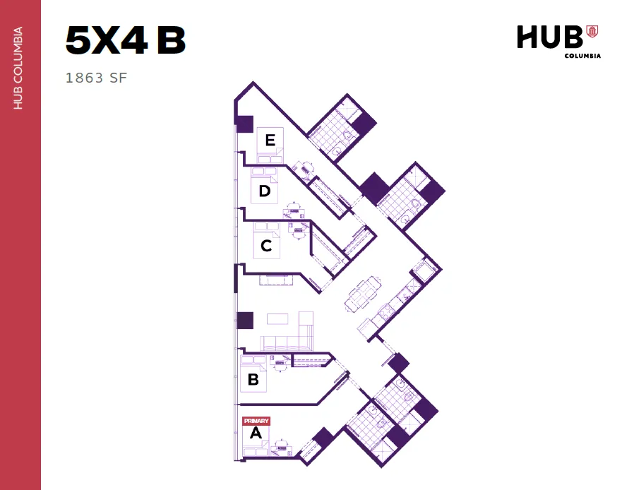 Spacious 5X4 B floor plan at HUB Columbia with 5 bedrooms, open living area, and modern kitchen, spanning 1863 SF.