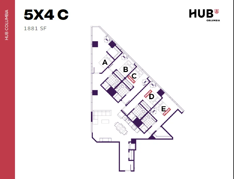 Modern floor plan for HUB Columbia with 5 bedrooms and 4 bathrooms, featuring spacious open living areas, perfect for contemporary living, 1881 square feet.