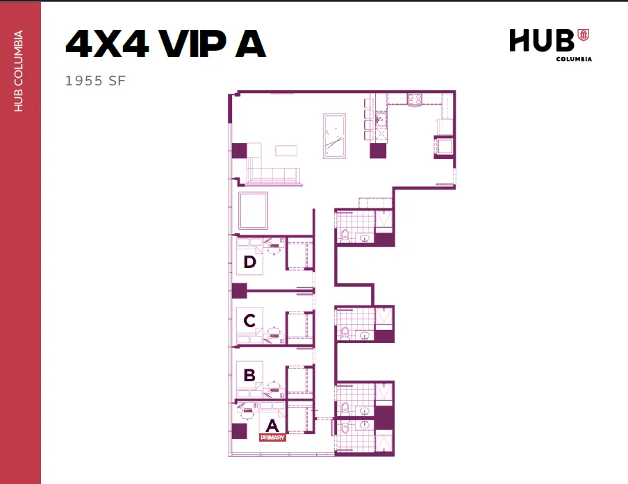 Modern floor plan for HUB Columbia showcasing a 4X4 VIP A layout with 4 bedrooms and expansive living space, totaling 1955 square feet.