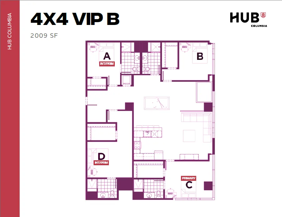 Modern 4-bedroom VIP floor plan at HUB Columbia, featuring spacious 2009 SF layout with ample living space and private suites.