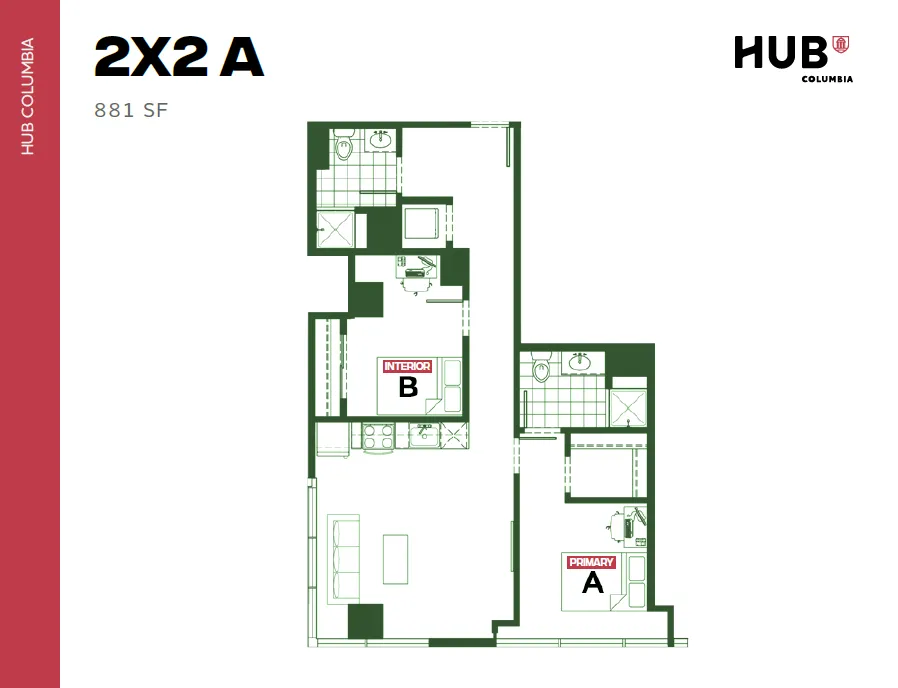 Modern 2D floor plan of a 2-bedroom, 2-bathroom apartment in Hub Columbia, 881 sq ft.