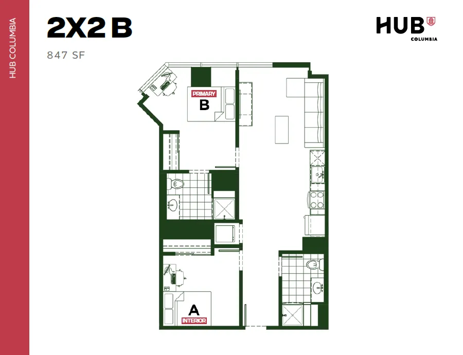 Modern floor plan of HUB Columbia, featuring 2 bedrooms, open living area, and efficient kitchen layout, at 847 sq ft.