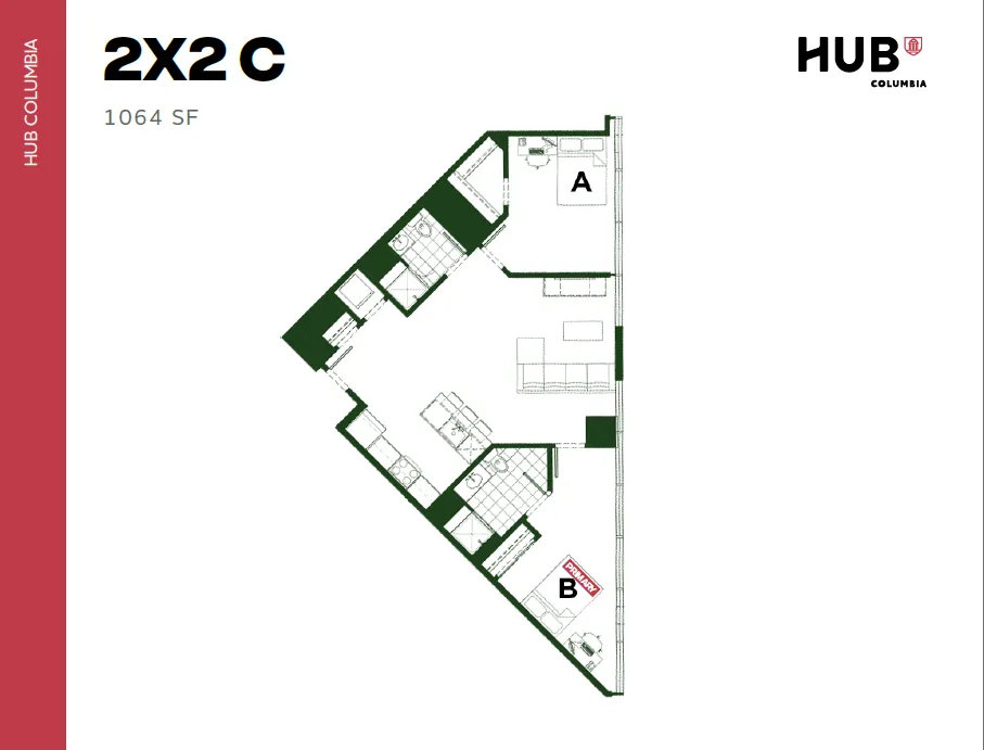 Modern 2D floor plan depicting a 2-bedroom, 2-bath apartment at Hub Columbia with 1064 square feet of chic urban living space.