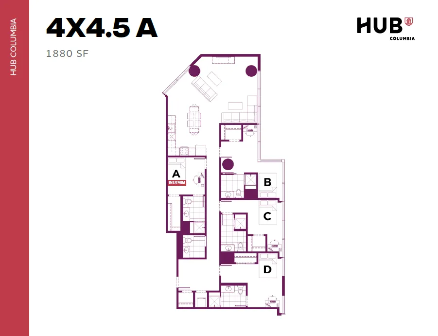 Modern 4X4.5A floor plan in HUB Columbia showcasing expansive 1880 SF with open living space, multiple bedrooms, and sleek design.