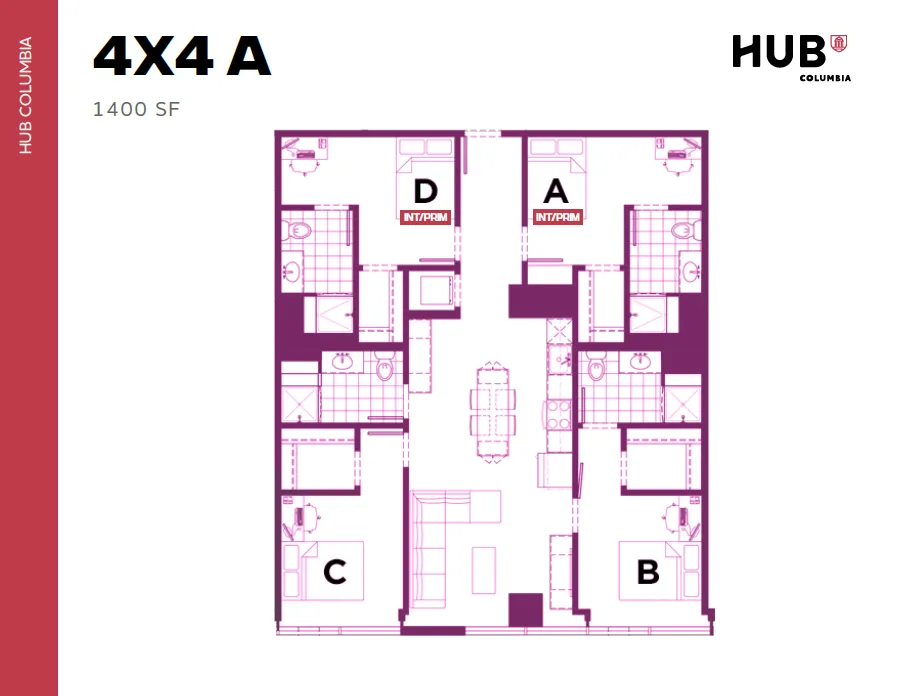 Modern 4x4A apartment floor plan at HUB Columbia, showcasing 1400 SF with four bedrooms, spacious living area, and functional kitchen.