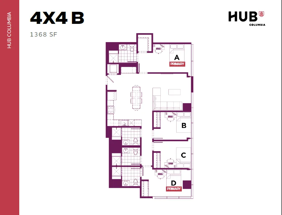 Modern 4-bedroom floor plan at Hub Columbia, featuring an open-concept living room, dining area, and kitchen. Total area of 1368 sq ft with well-appointed interiors.